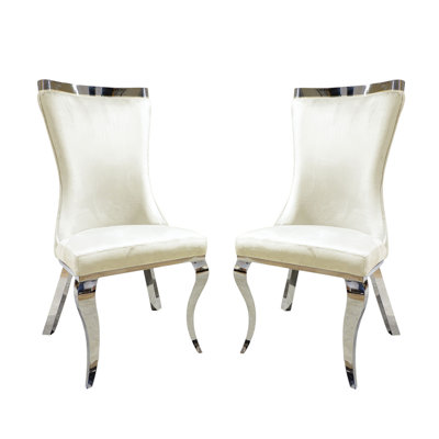 Set Of 2 Velvet Upholstered Dining Chairs With Saber Legs In White And Silver