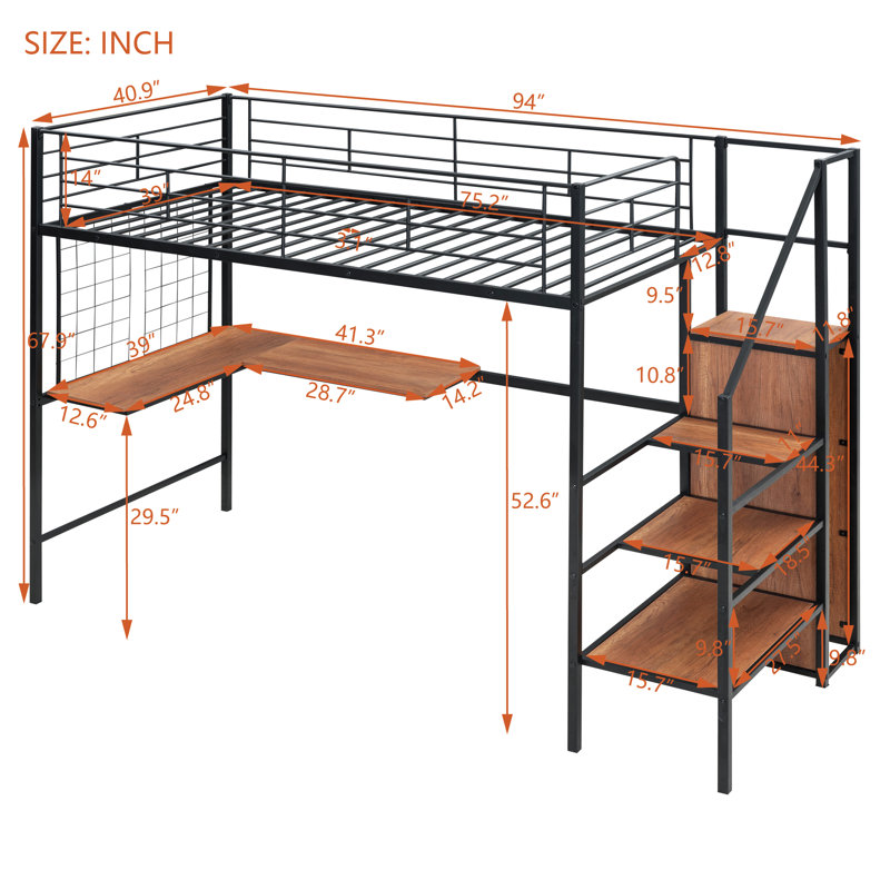 Prestwyck Zephyr Metal Loft Bed With Desk And Grid, Stylish Metal Frame With Lateral Storage Ladder And Wardrobe, Black