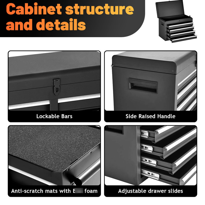 Rangement pour outils avec boîte supérieure amovible et poignées pratiques pour garage, Noir