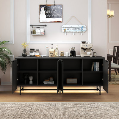 68" Large Fluted Sideboard Buffet Cabinet With Led Light And Adjustable Shelves Modern Storage Sideboard With 4 Doors For Dining Living Room