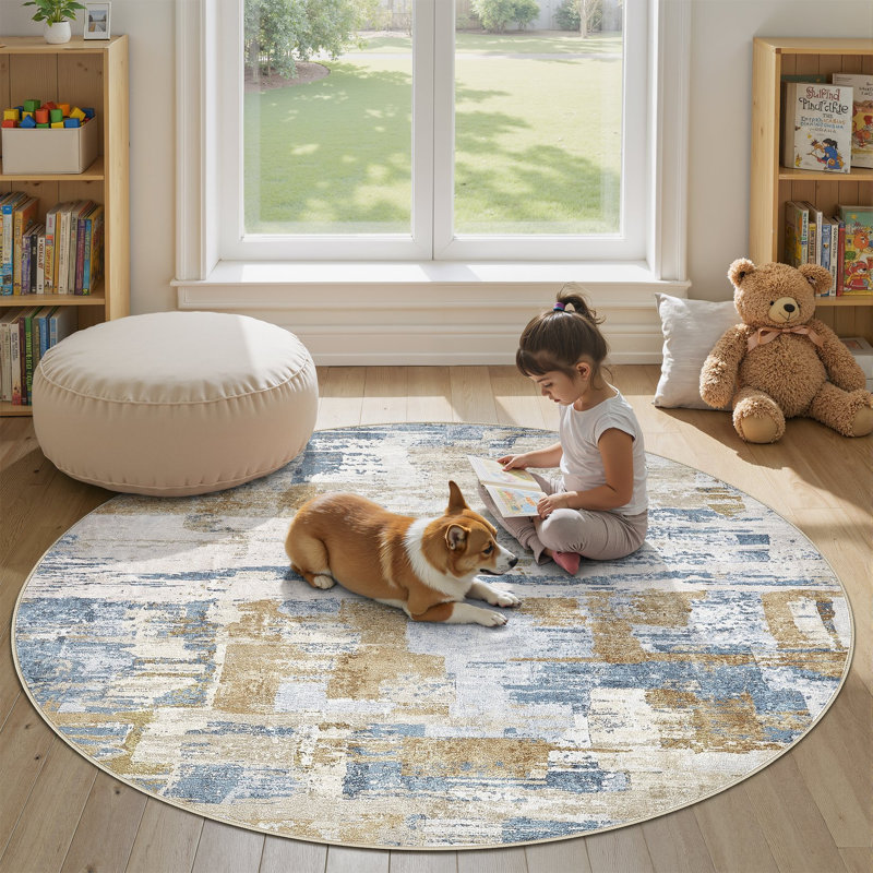 Tapis abstrait à motif abstrait Boho, Blue, Round 6'
