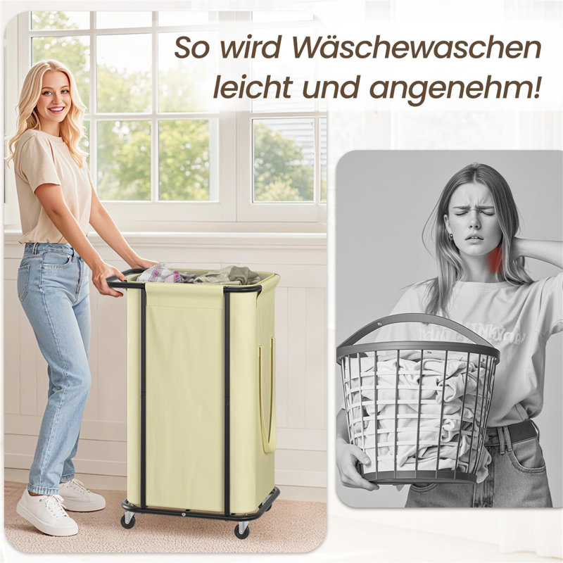 120L Rolling Large Laundry Hamper Basket With Wheels, Dirty Clothes Hamper With Removable Canvas Bag, Heavy Duty Sturdy Metal Modern Laundry Cart  Beige