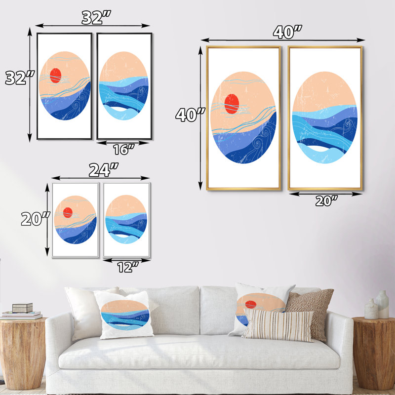 «Retro Circular Vintage Landscape Designs I», ensemble de 2 peintures, H 40 po x l 40 po x P 1,5 po, Toile avec cadre blanc