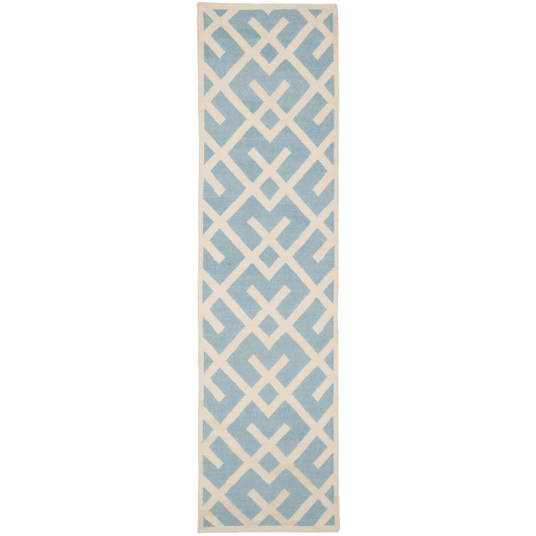 Fung Hand Woven Flat Weave Wool/Cotton Geometric Rug in Light Blue/Ivory