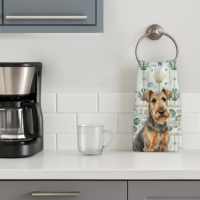 Grizzle Airedale Terrier Coastal Sea Glass Kitchen Towel, Grizzle Airedale Terrier