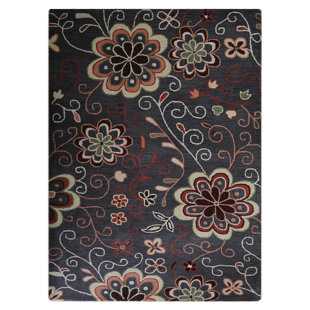 Tapis écologiques en laine touffetés à la main - Rectangle, couleur gris anthracite, motif floral moderne, tapis antidérapants faits à la main épais pour salon, chambre à coucher 
