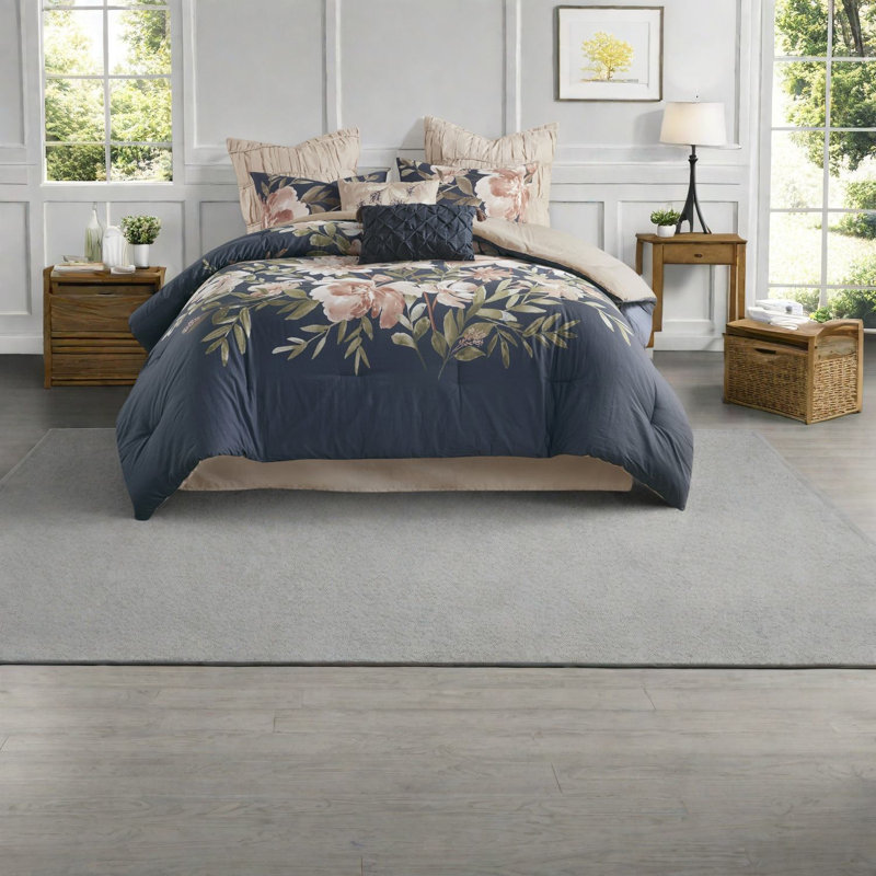 Premium Cotton Bedding Sets, Navy Comforter With Floral Design For Elegant Bedrooms