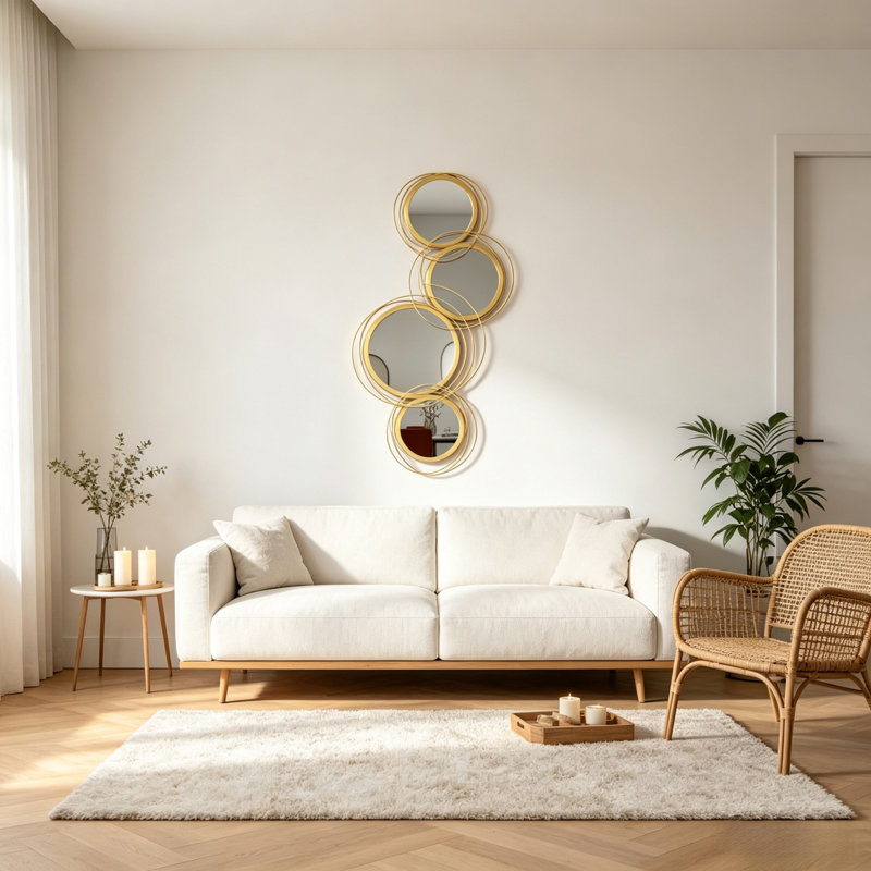 Miroir mural abstrait moderne à cercles multiples, miroir décoratif mural à anneaux métalliques dorés superposés pour salon, salle à manger et chambre à coucher