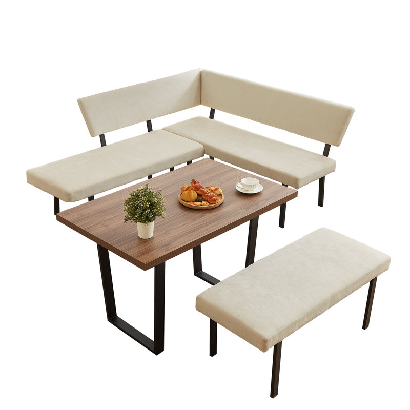 Ensemble de table de salle à manger 3 pièces Table rectangulaire, 1 canapé d'angle et 1 banc, Beige, Walnut