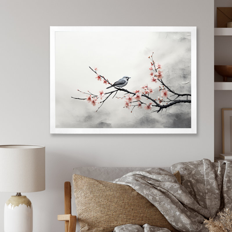 «Asian Art Sumi Bird Serenity X», reproduction d'art sur toile, H 16 po x l 32 po x P 1 po, Cadre photo blanc