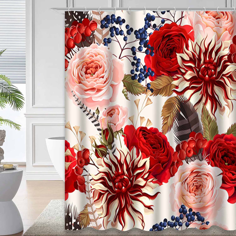 Rideau de douche imperméable à motif floral rétro avec 12 crochets Dahlia, L 72 po x l 78 po