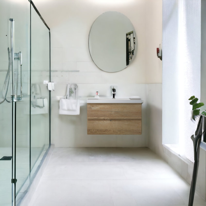 Meuble-lavabo mural simple 35,5 po Carol-Ann, Chêne naturel, Blanc
