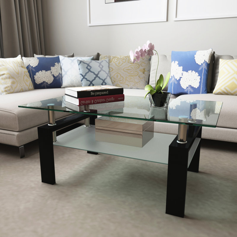 Table en verre transparent noir pour le salon, rangement divers peu fréquent, table rectangulaire à structure en tube de métal, espace de rangement pour tous les jours, auto-inclus