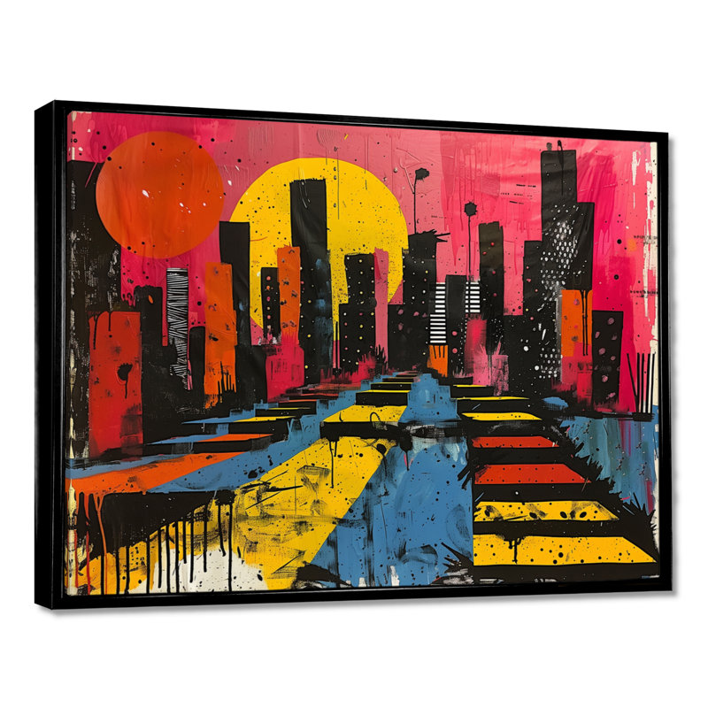 Impression d'art mural orange, rose, paysage urbain II - gratte-ciel, Cadre flottant noir, H 16 po x l 32 po