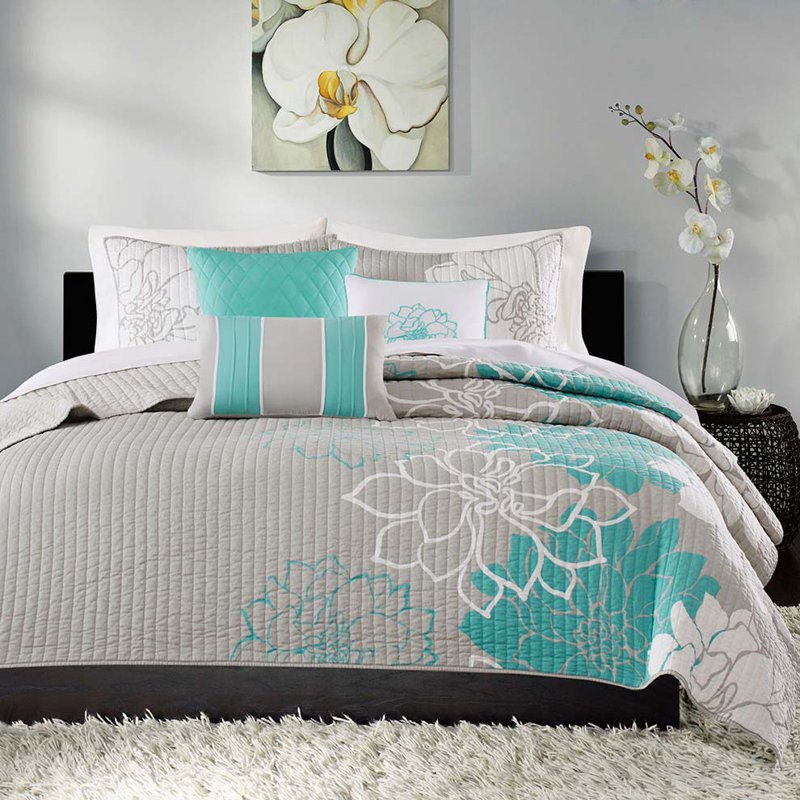 Ensemble de courtepointe en coton imprimé 6 pièces avec coussins décoratifs turquoise