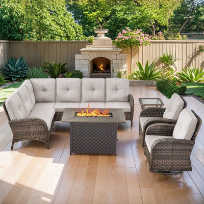 Gaetanino 8 - Person Outdoor Wicker Patio Sectional Seating Group With Cushions & 50,000 BTU Fire Pit