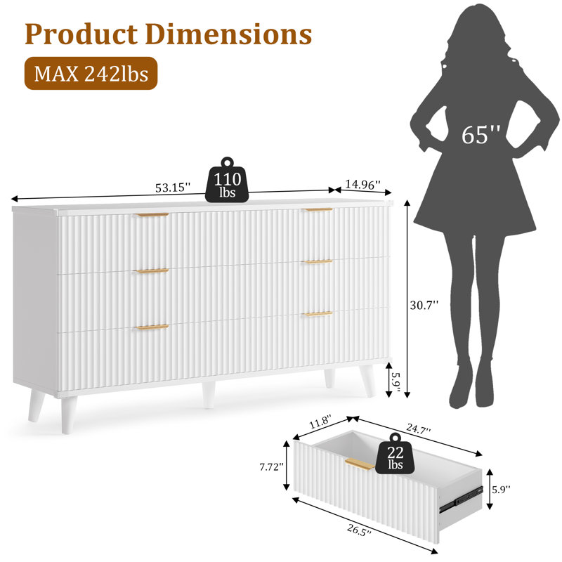 6-Drawer Dresser With Wave-Fluted Panels, Modern Boho Storage Cabinet With Solid Wood Frame And Metal Handles, Versatile Organizer For Bedroom, Living Room, Entryway, Hallway & Closet