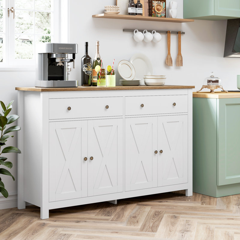 Buffet 2 tiroirs 55,1 po de largeur, Blanc / Chêne