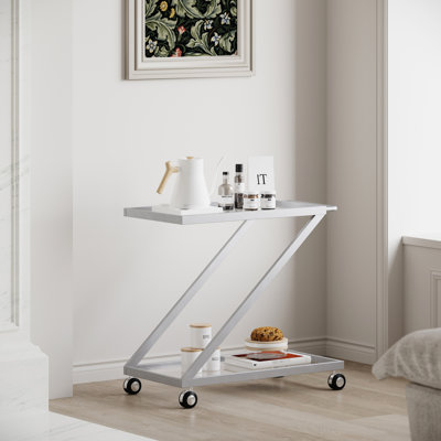 Fashionable Rolling Bar Cart, Tempered Glass & Iron, 33.83Lb, Silver Hue Cool Shelved Metal Cart With Stable Base, 18.21Inw, by Wrought Studio