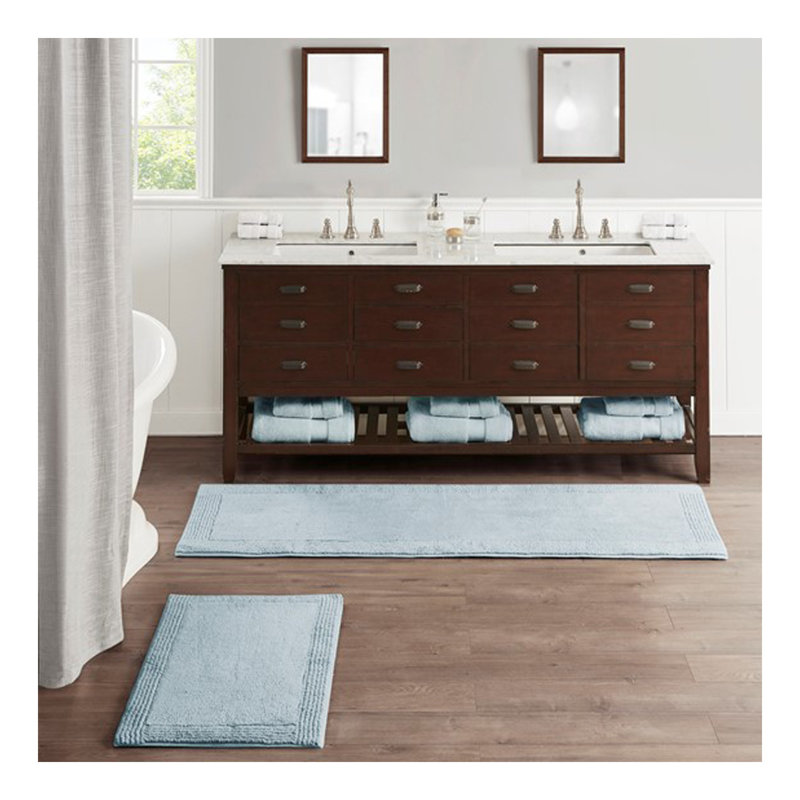 Tapis de bain réversible 100% coton touffeté 3000 g / m² bleu (1 tapis de bain), Rectangle 1 pi 9 po x 2 pi 10 po
