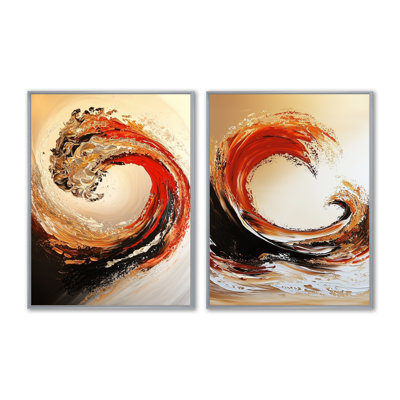 Golden and Red Coastal Waves I - ensemble de 2 décorations murales nautiques
