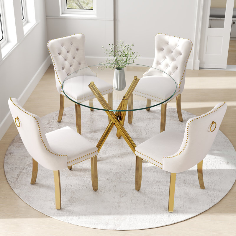 Ensemble de salle à manger à piédestal rond 5 pièces avec chaise capitonnée en velours pour salle à manger et salon, Beige