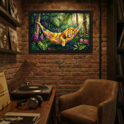 Animals Lion Resting In Hammock Jungle Scene