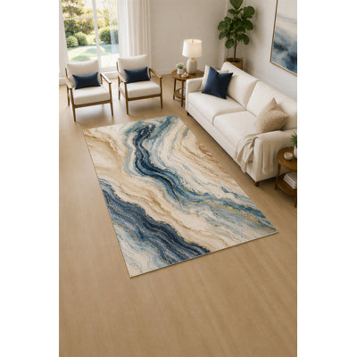 Tapis de marbre bleu et crème 5 pi x 7 pi «Ultra Léger» pour le salon, tapis doux à poils courts avec envers antidérapant en silicone, décoration pour la chambre à coucher et le bureau personnel