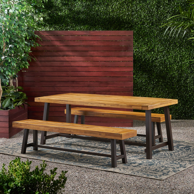 Annistyn 6 - Person Acacia Patio Dining Set with Rectangular Table, Teak/Rustic Metal