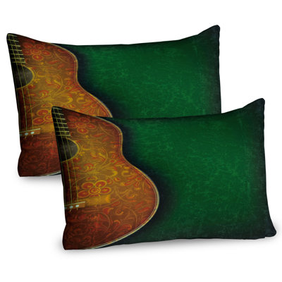 Ambesonne Guitar Pillow Sham 2 Pack Floral Acoustic Pattern Emerald Orange Yellow -  pil-2_50452_26x20