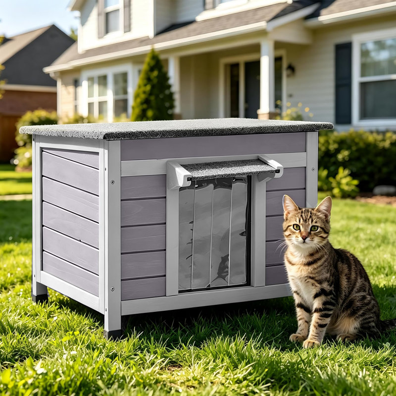 Bleskoski 23.6'' Small Outdoor Cat House for Feral Cat, Wood Shelter for Small Animals, Gray