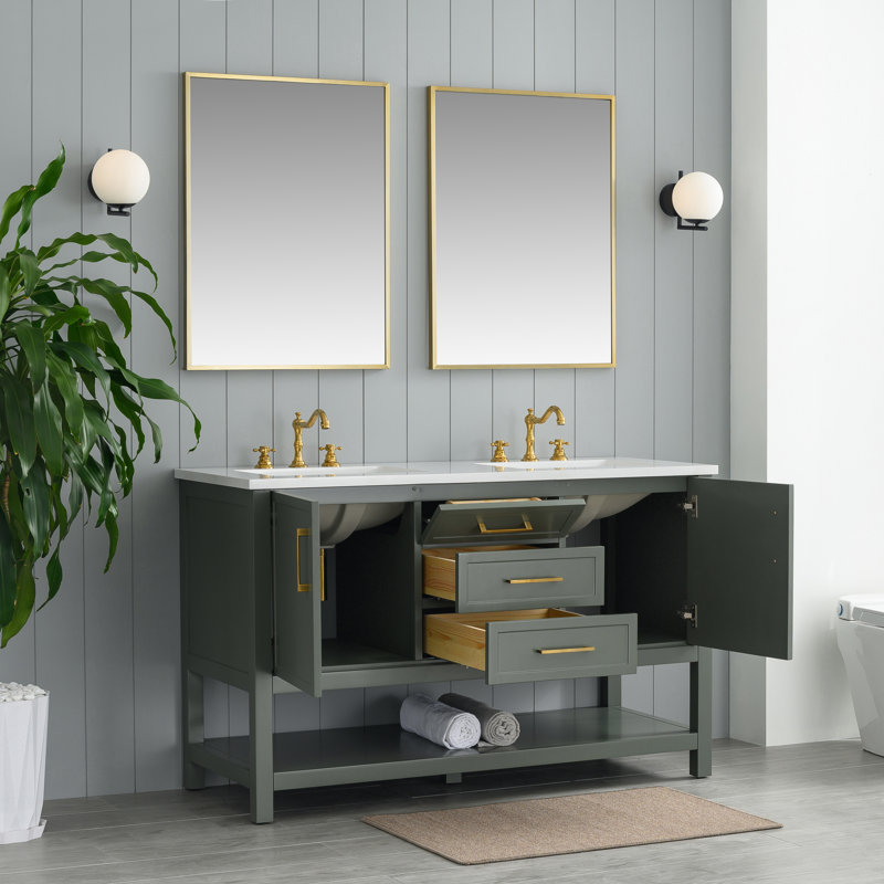 Ensemble de meuble-lavabo double 54 po Vicini, Vert rétro / or brossé