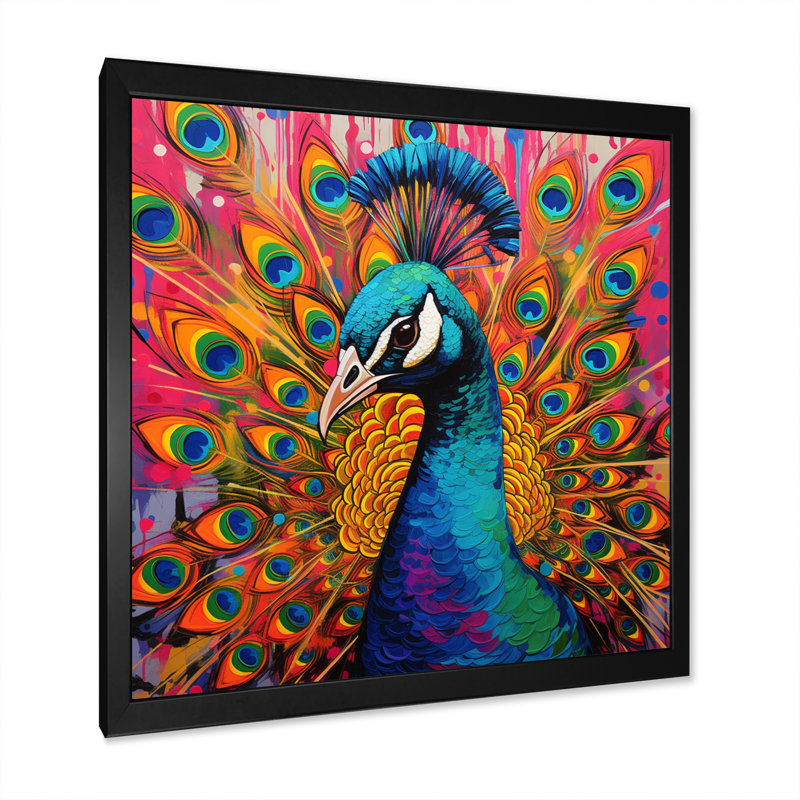 Bleu sarcelle, Pop Art, paon - paon, art mural sur toile, H 16 po x l 16 po x P 1 po, Cadre simple noir