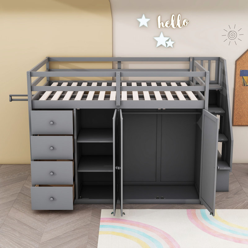 Janasia Wood Full Loft Bed with Cabinet, Wardrobes and Drawers, Gray