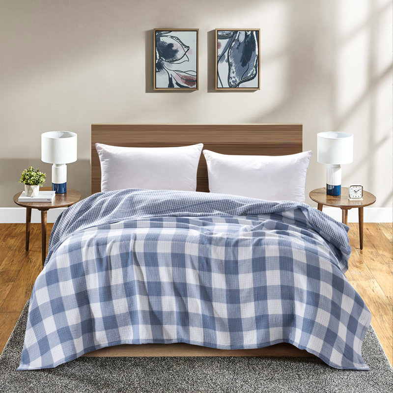 Jeté 100% coton 4 couches en gaze de mousseline, tissu écossais teint dans la masse, couverture légère et respirante réversible pour lit, canapé et canapé, certifié OEKO-TEX®