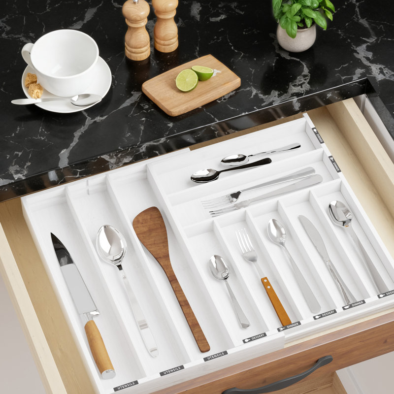 Organisateur de tiroir extensible en bambou avec étiquettes, porte-ustensiles de cuisine à 10 fentes pour le rangement des couverts, des couverts et des couteaux
