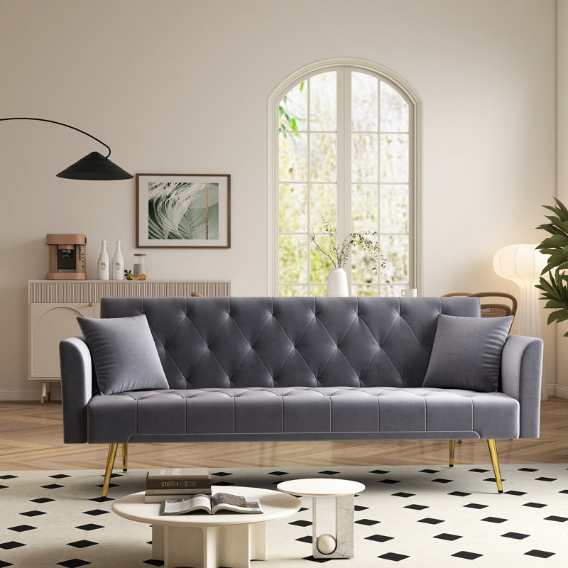 Canapé-lit pliable de style américain de 72 pouces en velours gris, multifonctionnel pour les petits salons Lit de style rétro, 3 appartements