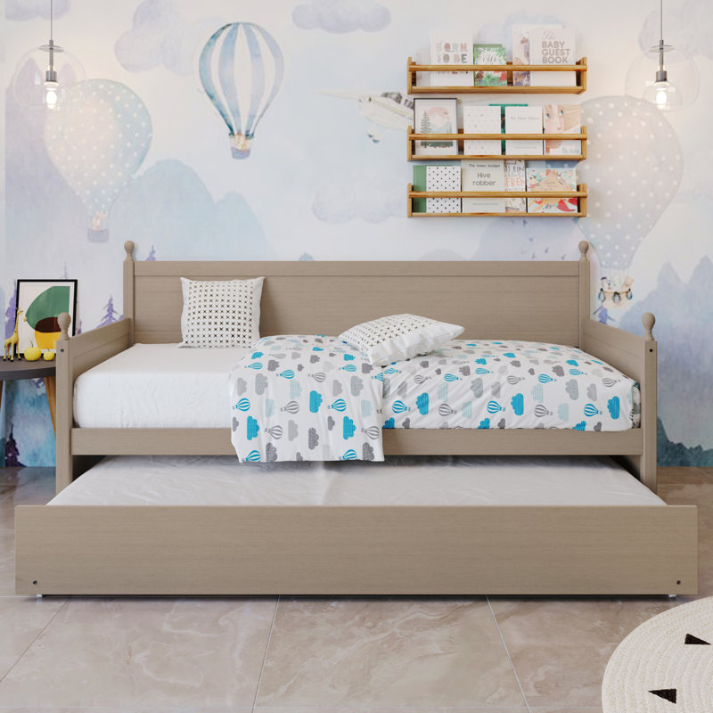 Lit de jour simple en bois massif avec gigogne simple Nyagoa, Gris