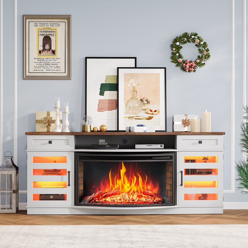 Farmhouse 70"W LED Curved Fireplace TV Stand, Brown, Brown