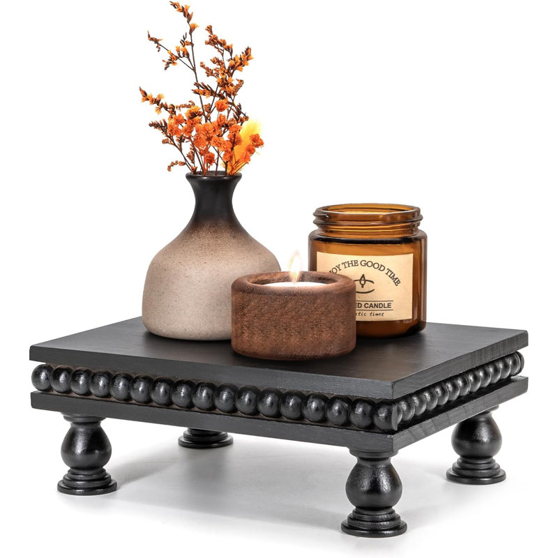 Pine Wood Display Riser for Room Decor – Farmhouse Pedestal Stand with Beaded Edge for Apartment Essentials, Small Plant Stand or Coffee Stand Accents – Perfect Modern Room Decor(Black)