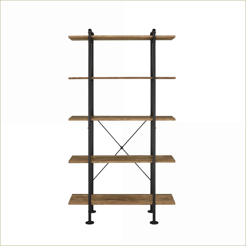 Bibliothèque rustique industrielle à 5 niveaux avec finition en chêne rustique et base en métal noir | Chêne | Bois synthétique