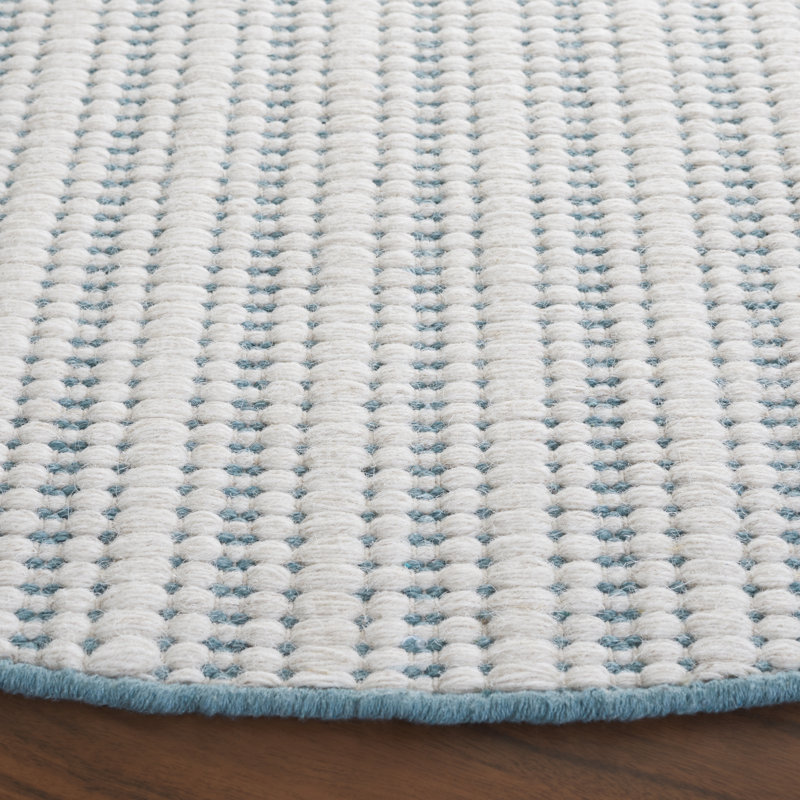 909 Hand Woven Cotton/Wool Striped Rug in Turquoise/Ivory, Round 6'