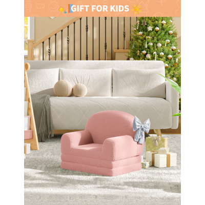 2-in-1 Convertible Kids Sofa Chair, Fold Out Toddler Couch for Reading and Napping, High-Density Foam Sherpa Toddler Chair, Soft Lounger for Playroom and Nursery, Pink