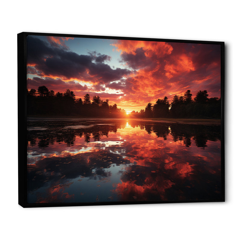 Coucher de soleil sur le lac, Cadre flottant noir, H 30 po x l 40 po x P 1,5 po