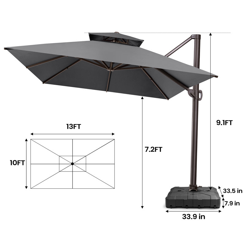 Parasol en porte-à-faux rectangulaire 10 'X 13' avec lève-manivelle, contrepoids inclus, Gris