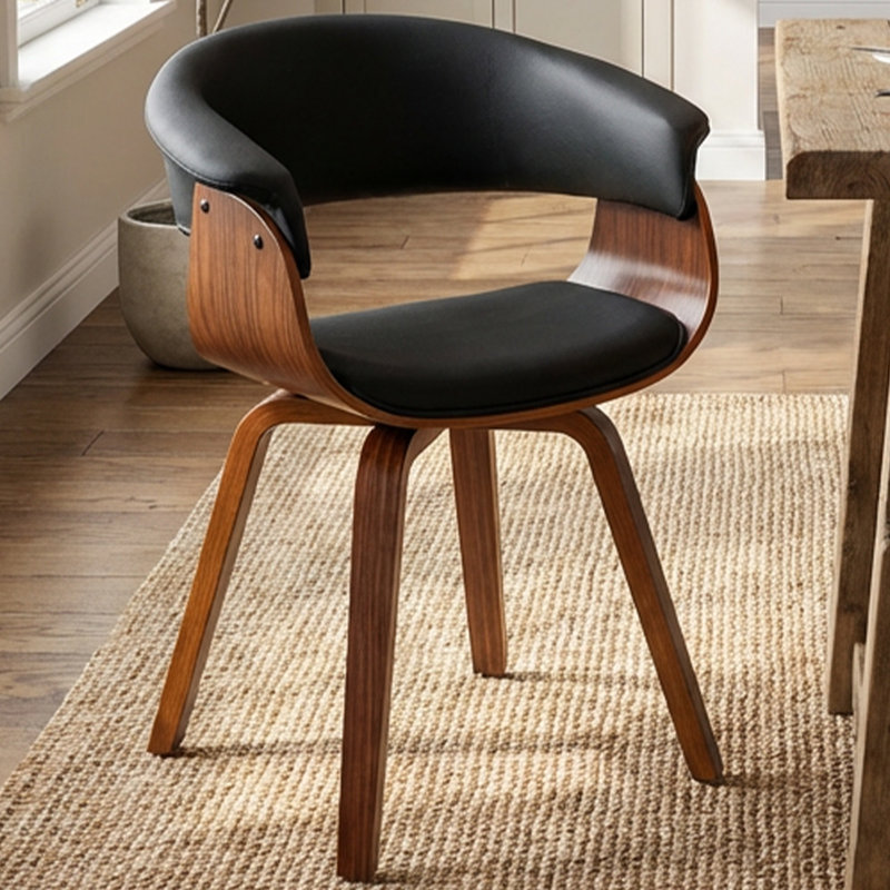 Modern Upholstered Dining Chairs, Black Faux Leather With Wooden Legs, Soft Padded Seat And Back, Scandinavian Kitchen And Dining Room Side Chairs​​
