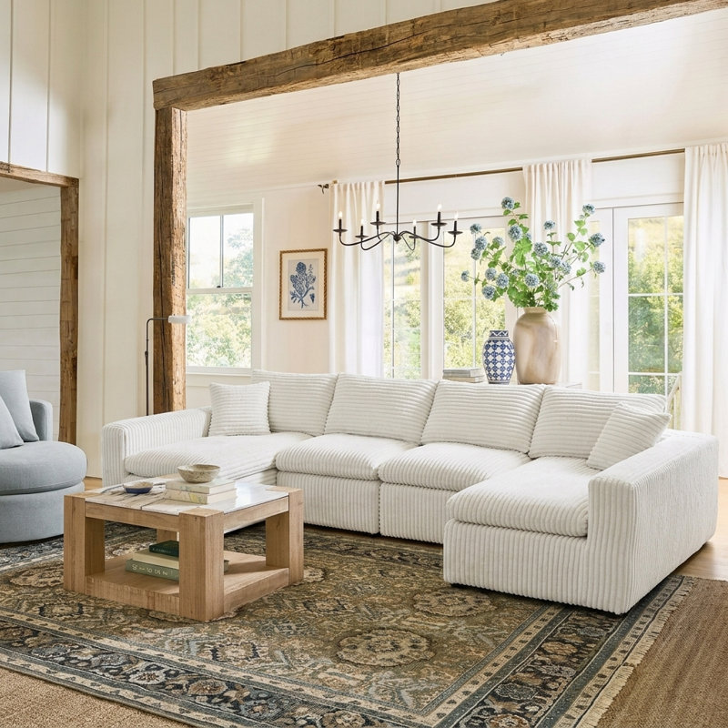Canapé modulaire en forme de U de 132 po avec méridienne sans assemblage Nimbus pour salon, White