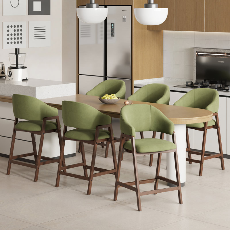 Upholstered Solid Wood Bar Stool Counter Stool, Green, 6