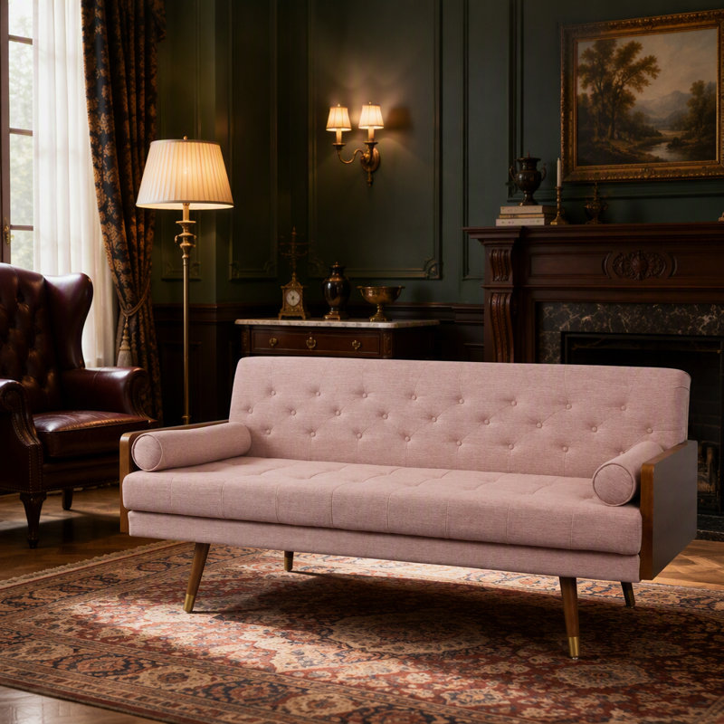 Canapé Aidan de style moderne du milieu du siècle en tissu capitonné, Tissu rosé