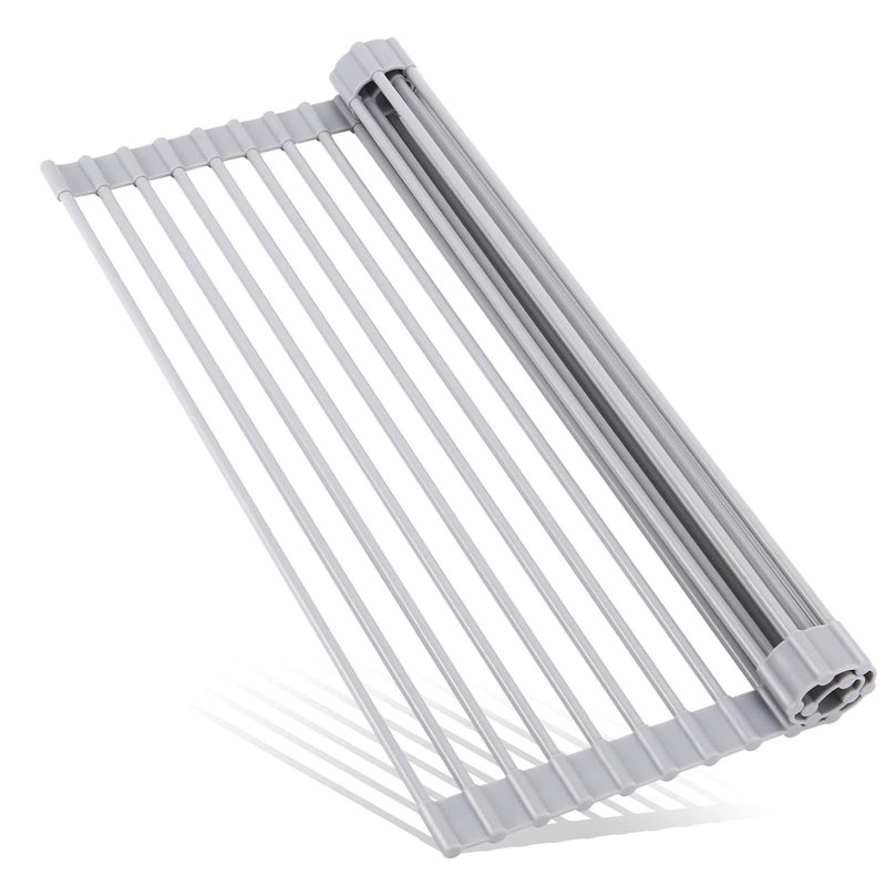 Multipurpose Over-Sink Roll-Up Dish Drying Rack | Colander & Trivet | Dark Grey (10DG), Grey